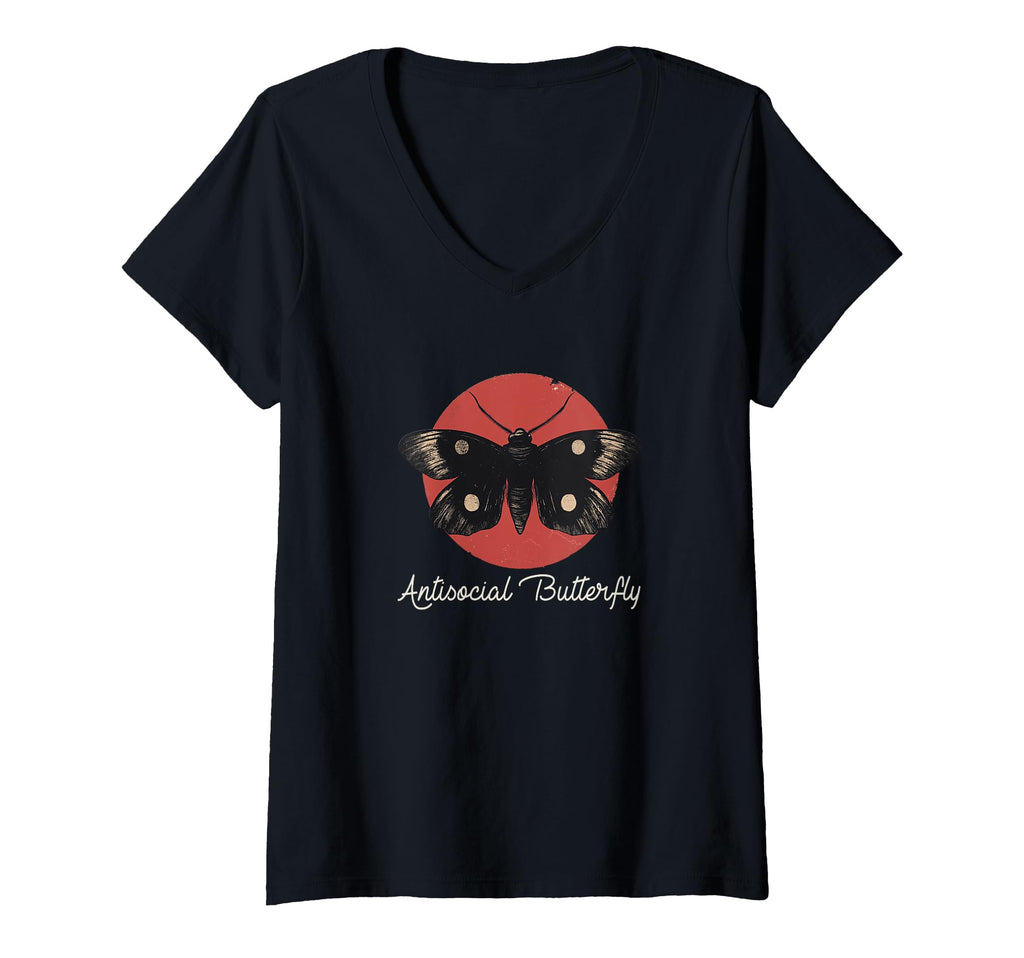Womens Antisocial Butterfly V Neck T-Shirt - Fun Novelty Design Unisex - T-Shirt, Sweatshirt, Hoodie
