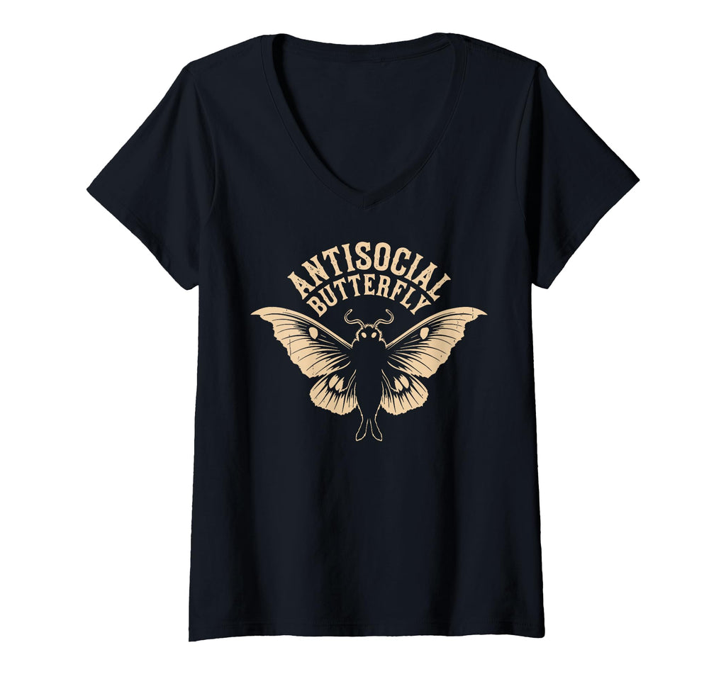 Womens Antisocial Butterfly V Neck T-Shirt - Trendy Graphic Unisex - T-Shirt, Sweatshirt, Hoodie