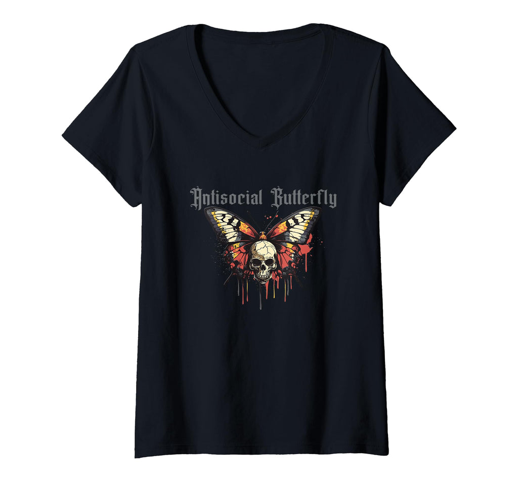 Womens Antisocial Butterfly V Neck T-Shirt - Casual Everyday Wear Men Women - T-Shirt, Sweatshirt, Hoodie