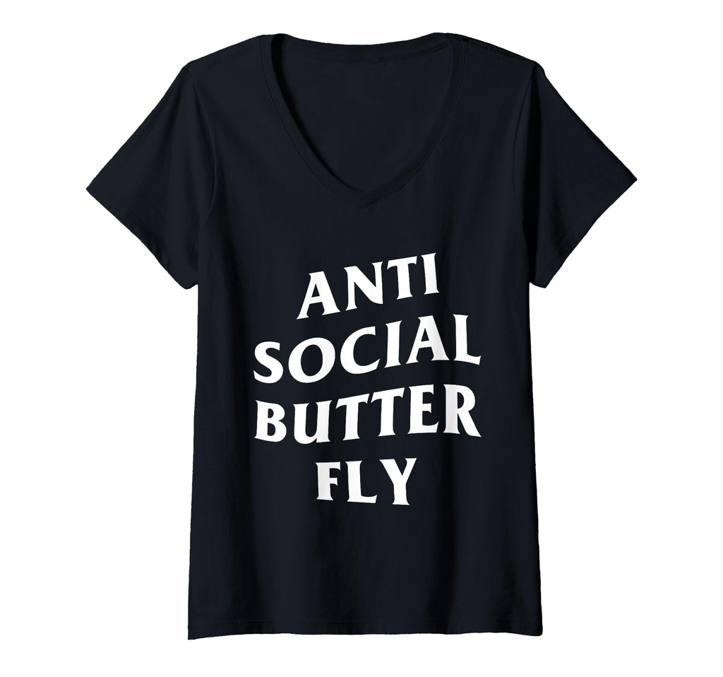Womens Anti Social Butterfly V Neck T-Shirt - Streetwear Style for Adults - T-Shirt, Sweatshirt, Hoodie