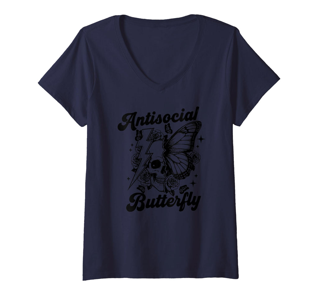 Womens Anti Social Butterfly V Neck T-Shirt - Trendy Graphic Unisex - T-Shirt, Sweatshirt, Hoodie