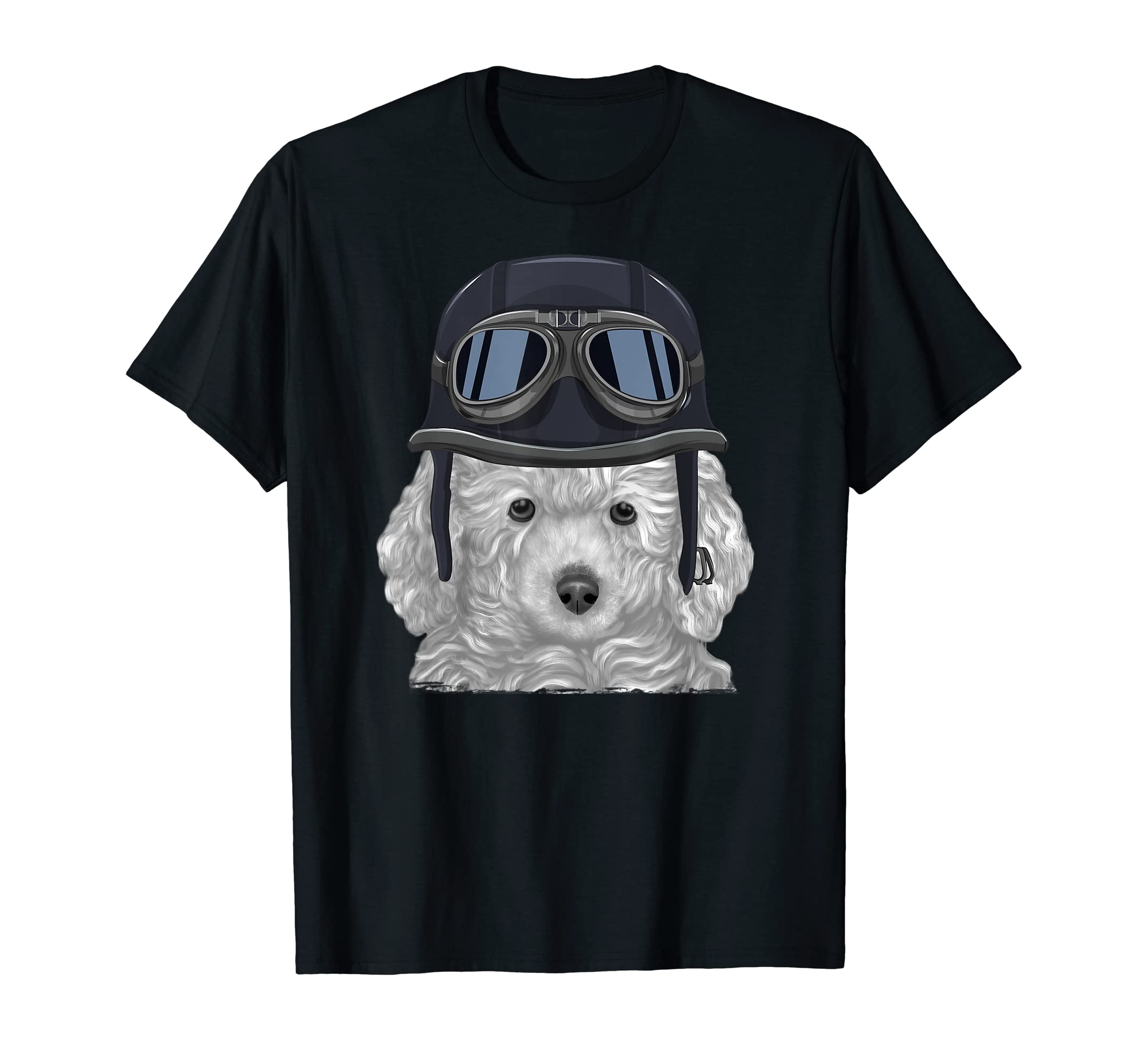 White Poodle Wearing Motorcycle Helmet T-Shirt - Graphic Print Unisex - T-Shirt, Sweatshirt, Hoodie