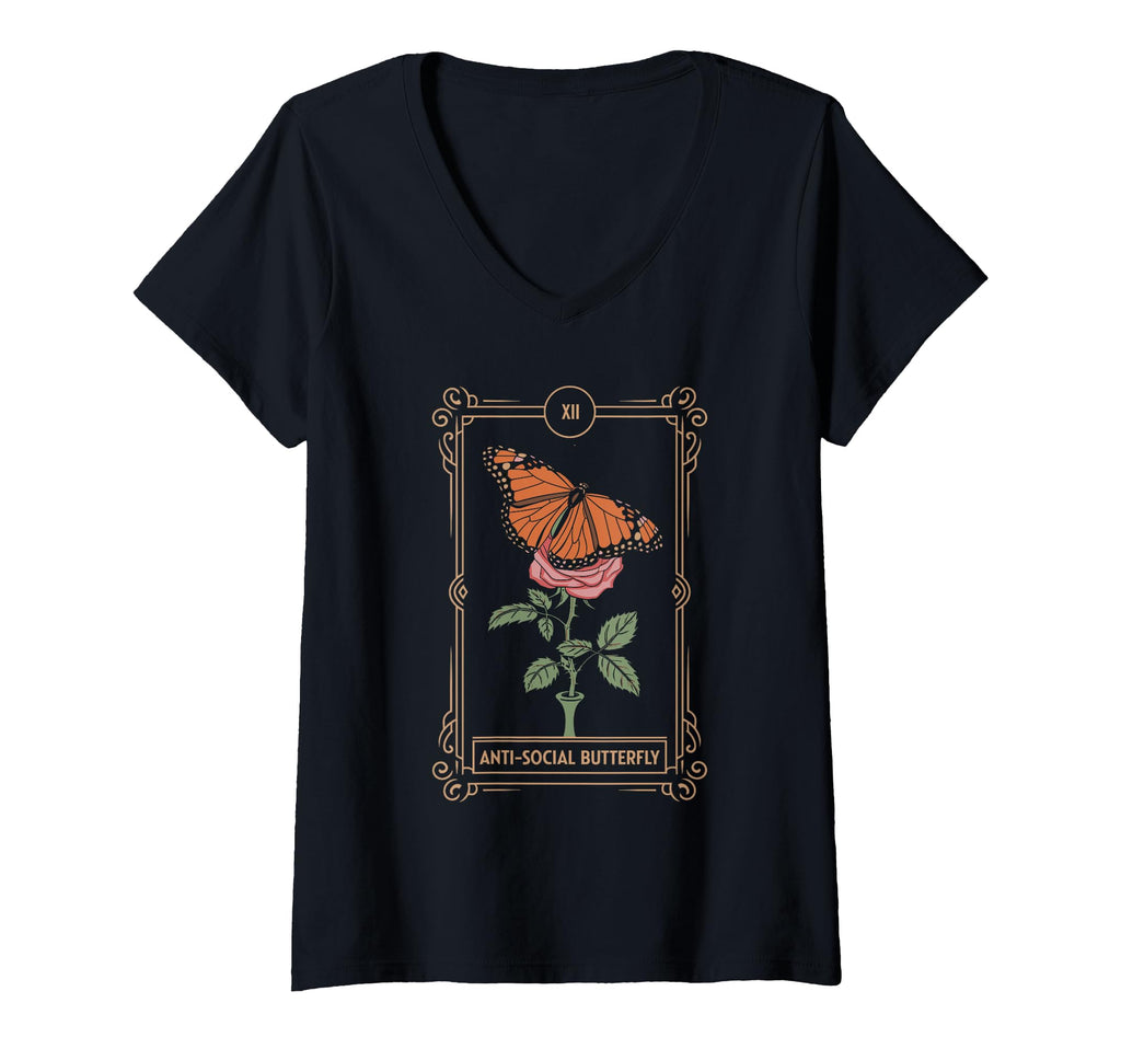 Womens Anti Social Butterfly Tarot V Neck T-Shirt - Streetwear Style Unisex - T-Shirt, Sweatshirt, Hoodie