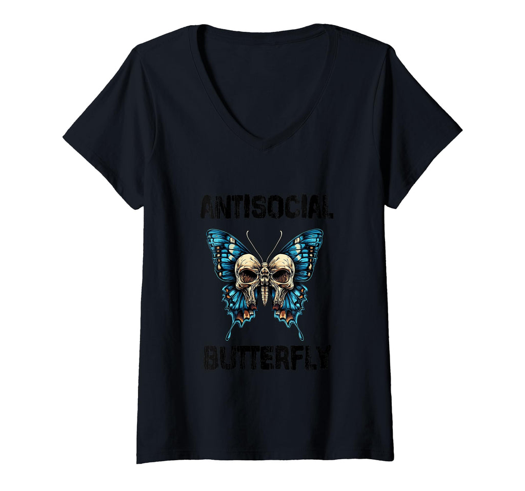 Womens Antisocial Butterfly V Neck T-Shirt - Minimalist Print for Adults - T-Shirt, Sweatshirt, Hoodie