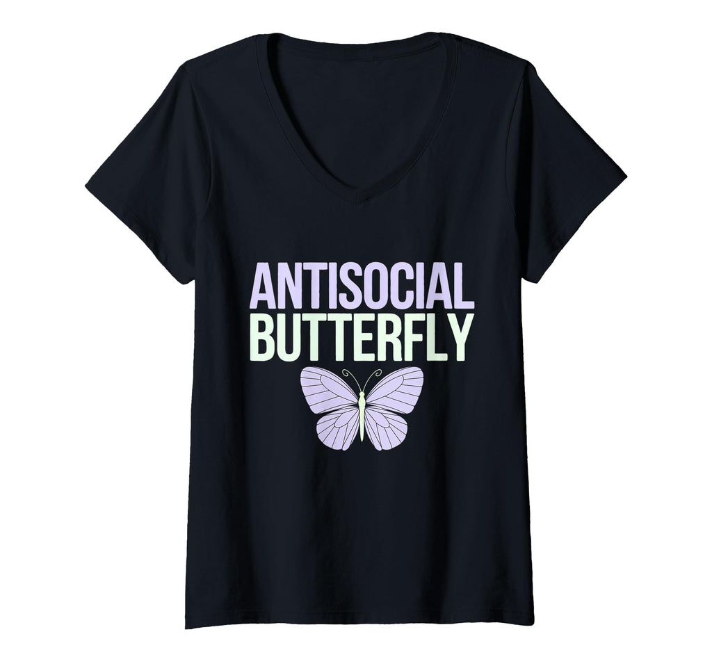 Womens Antisocial Butterfly V Neck T-Shirt - Minimalist Print for Adults - T-Shirt, Sweatshirt, Hoodie