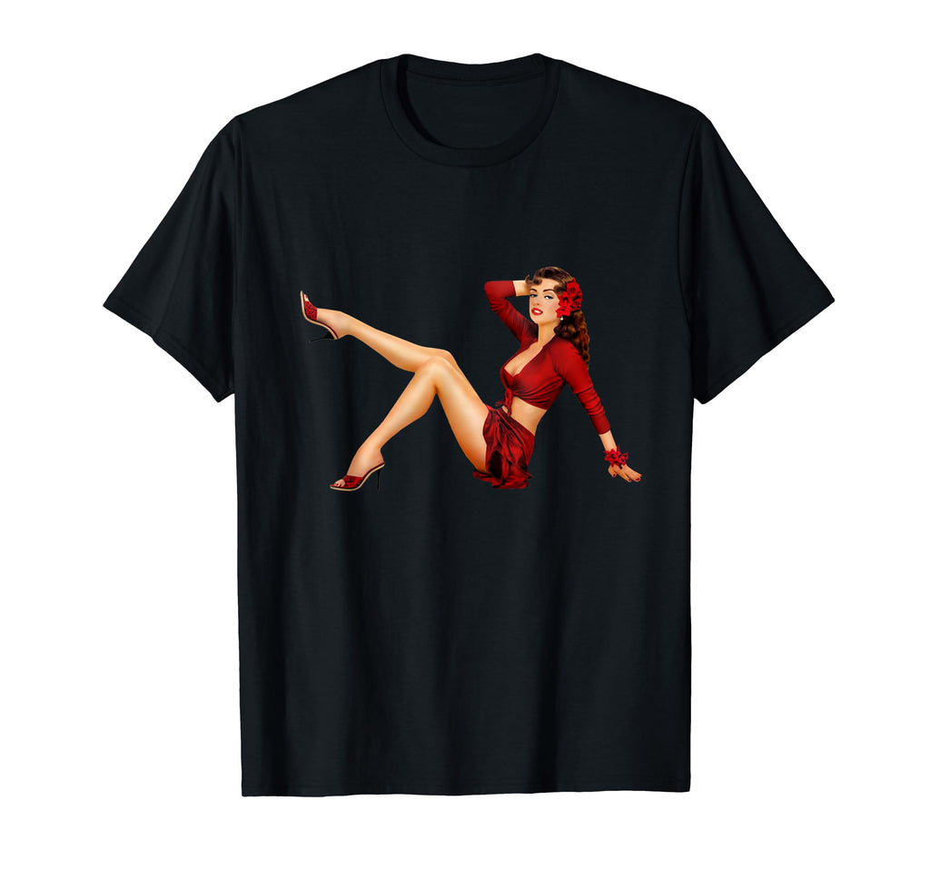 Pin Up Americana Red Dress Brunette T-Shirt - Fun Novelty Design for Adults - T-Shirt, Sweatshirt, Hoodie