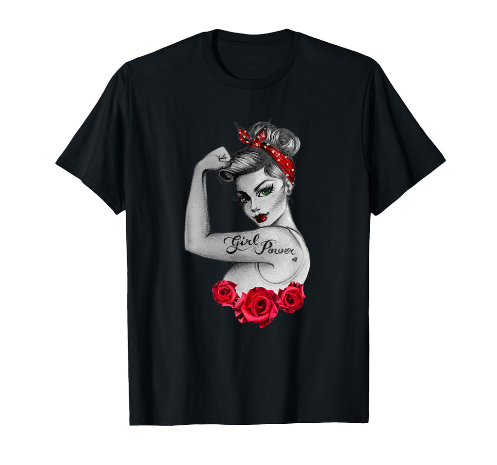 Power Pin Up Red Roses Rosieriveter T-Shirt - Trendy Graphic Unisex - T-Shirt, Sweatshirt, Hoodie