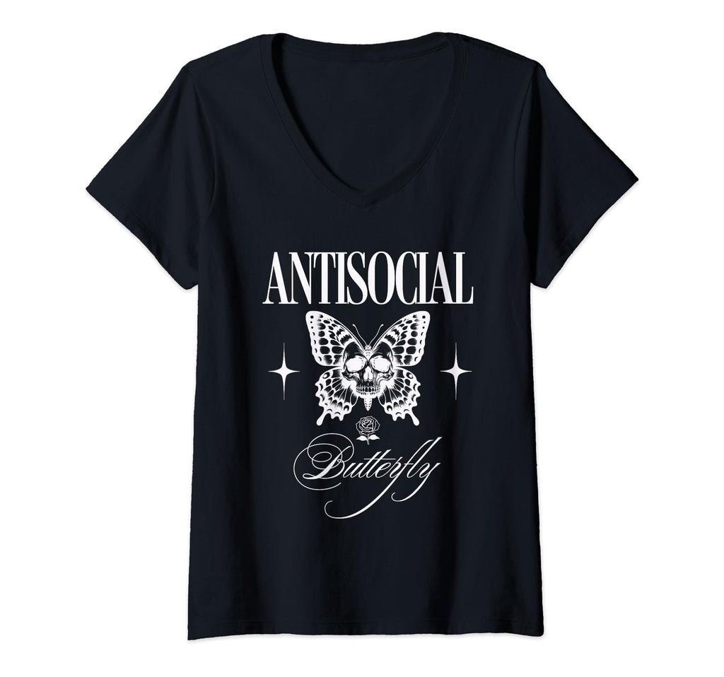 Womens Antisocial Butterfly Funny V Neck T-Shirt - Unique Graphic Men Women - T-Shirt, Sweatshirt, Hoodie