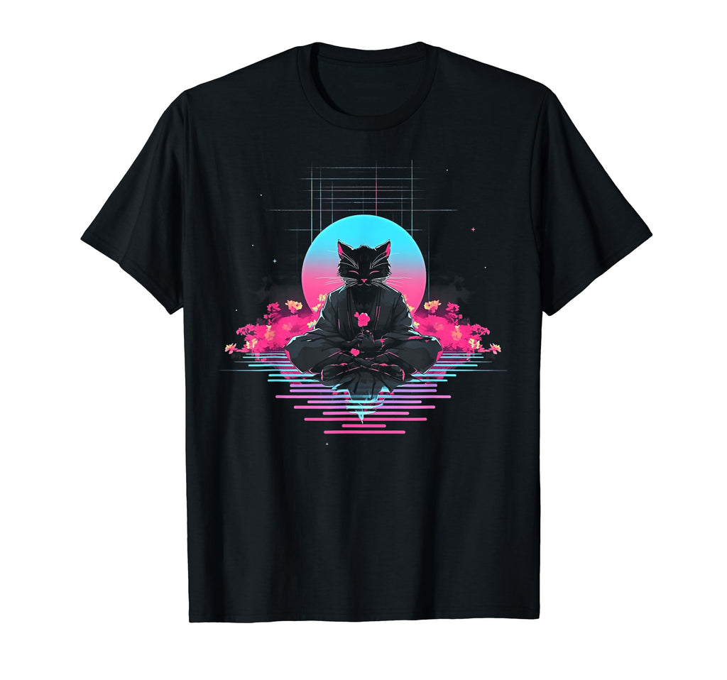 Synthwave Cat Samurai Mediation T-Shirt - Casual Everyday Wear Men Women - T-Shirt, Sweatshirt, Hoodie