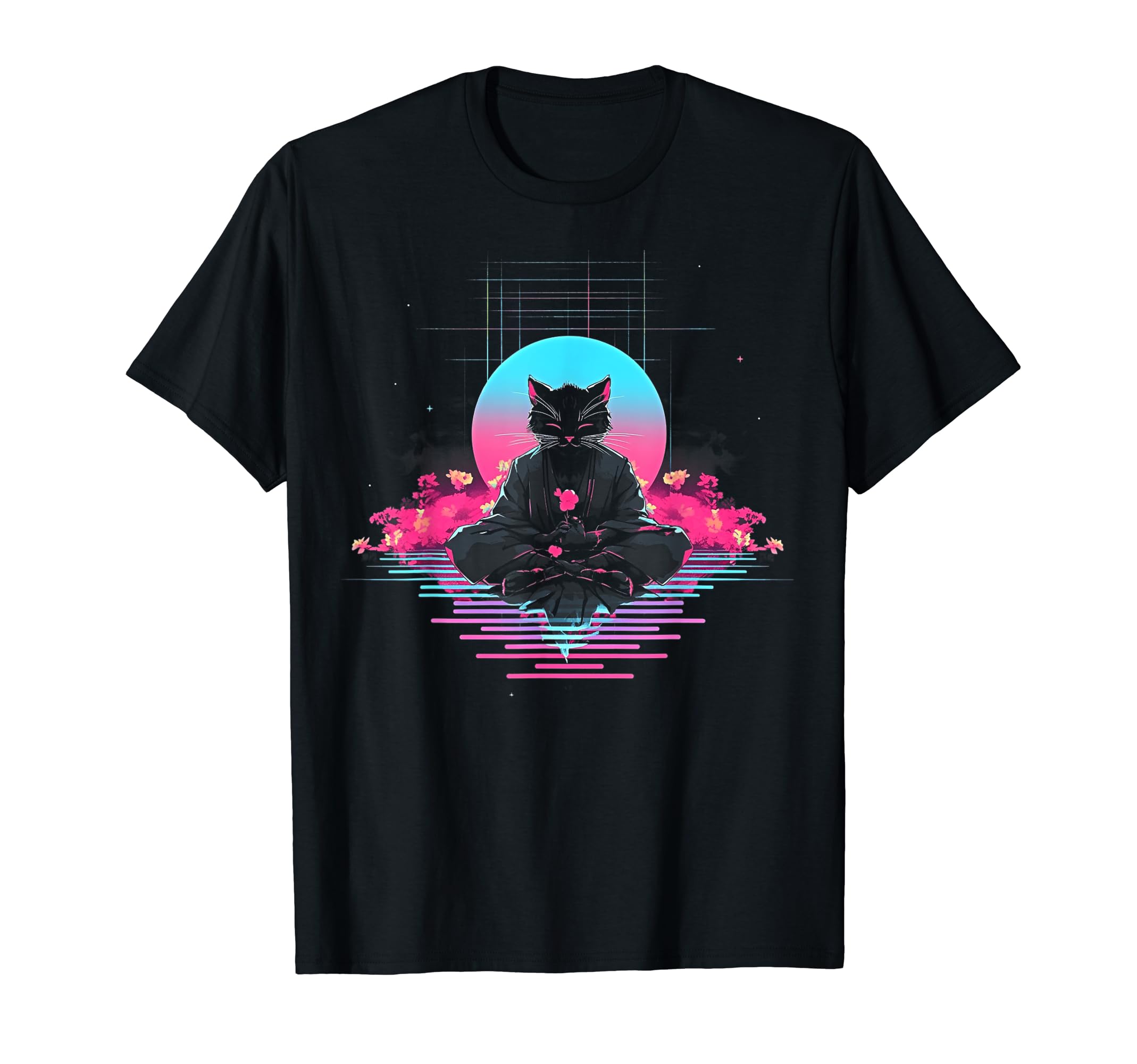 Synthwave Cat Samurai Mediation T-Shirt - Casual Everyday Wear Men Women - T-Shirt, Sweatshirt, Hoodie