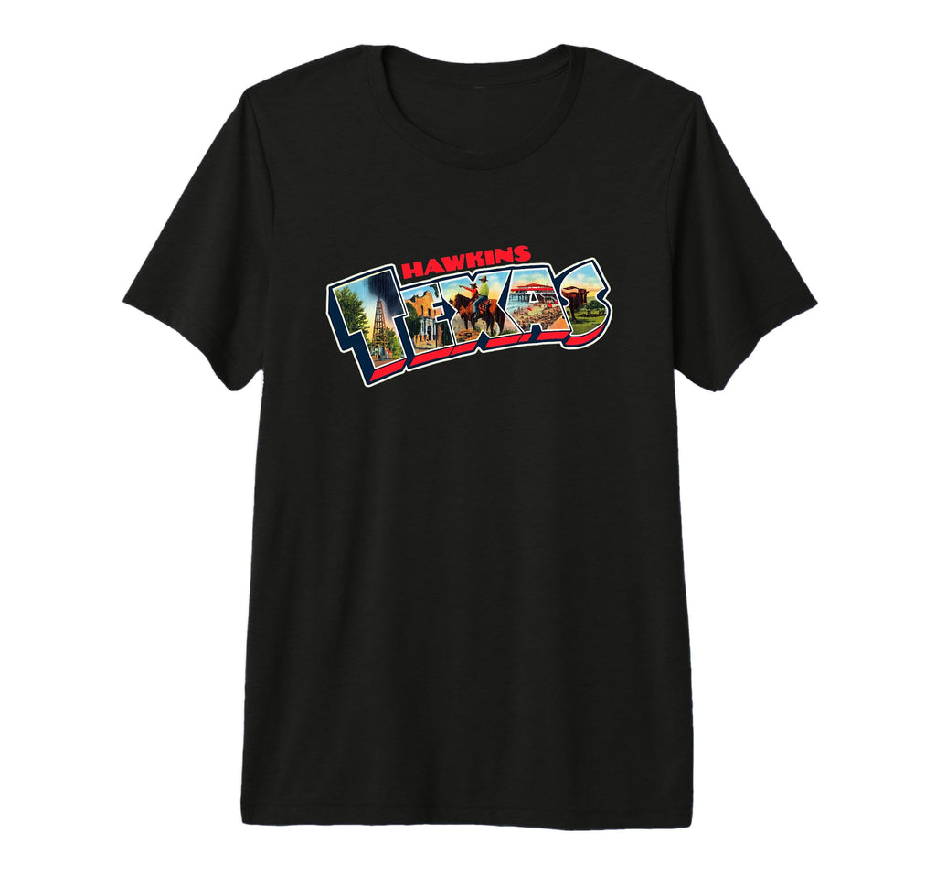 Hawkins Texas Postcard Tpa Travel Logo T-Shirt - Graphic Print Men Women - T-Shirt, Sweatshirt, Hoodie