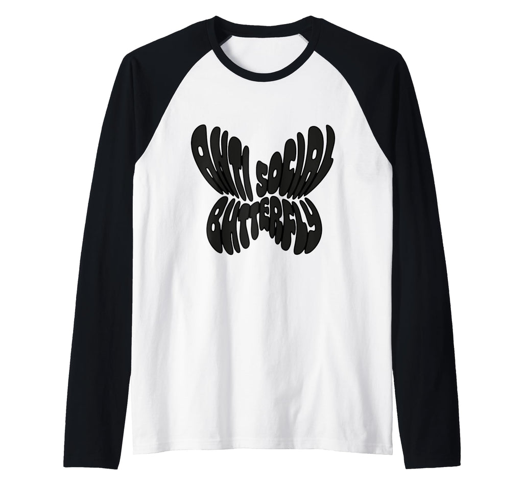 Anti Social Butterfly Raglan Baseball Hoodie - Aesthetic Graphic Unisex - T-Shirt, Sweatshirt, Hoodie