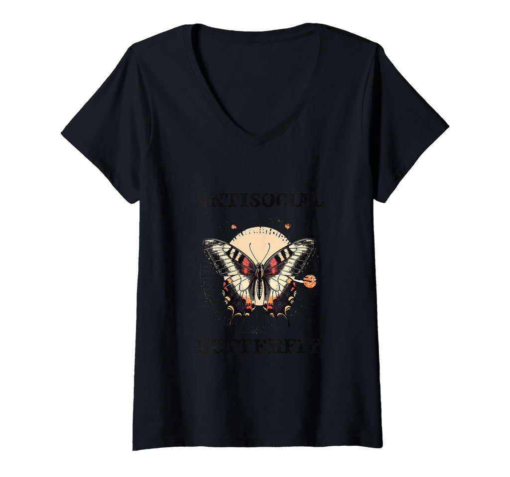 Womens Antisocial Butterfly V Neck T-Shirt - Unique Graphic for Adults - T-Shirt, Sweatshirt, Hoodie