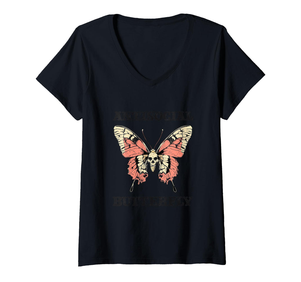 Womens Antisocial Butterfly V Neck T-Shirt - Aesthetic Graphic Men Women - T-Shirt, Sweatshirt, Hoodie