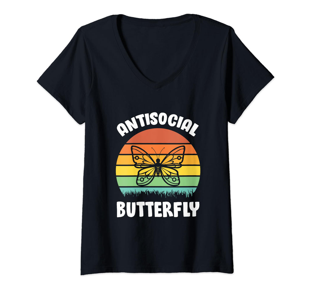 Funny Antisocial Butterfly V Neck T-Shirt - Graphic Print Unisex - T-Shirt, Sweatshirt, Hoodie