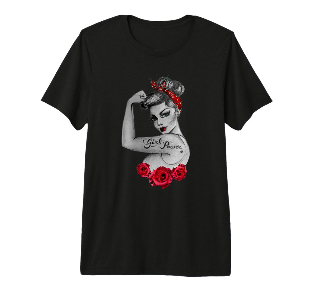 Power Pin Up Red Roses Rosieriveter Tri T-Shirt - Trendy Graphic Unisex - T-Shirt, Sweatshirt, Hoodie
