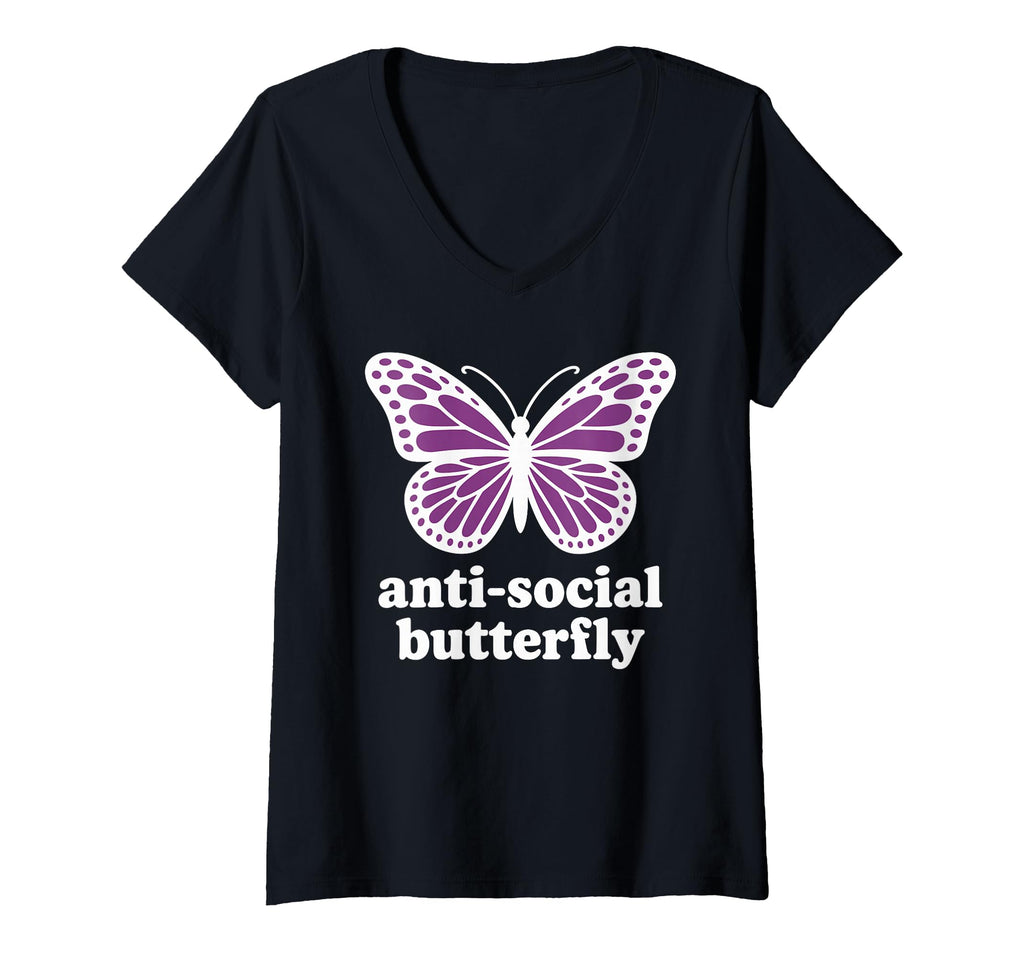Womens Antisocial Butterfly V Neck T-Shirt - Fun Novelty Design Men Women - T-Shirt, Sweatshirt, Hoodie