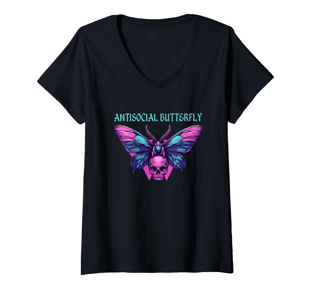 Womens Antisocial Butterfly V Neck T-Shirt - Casual Everyday Wear Unisex - T-Shirt, Sweatshirt, Hoodie