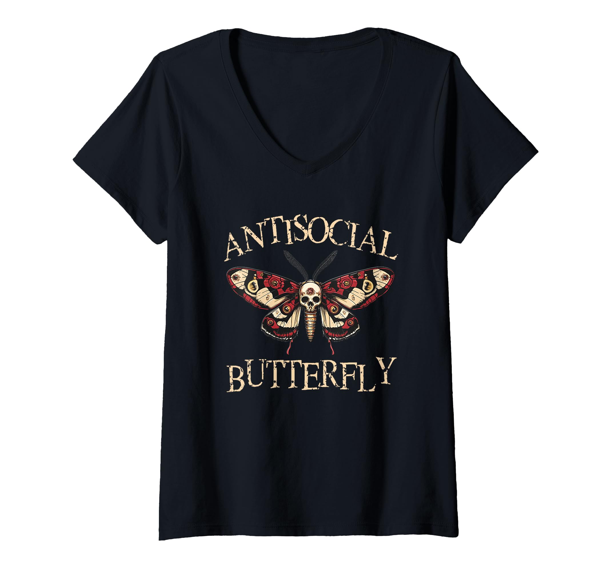 Womens Antisocial Butterfly V Neck T-Shirt - Graphic Print Unisex - T-Shirt, Sweatshirt, Hoodie