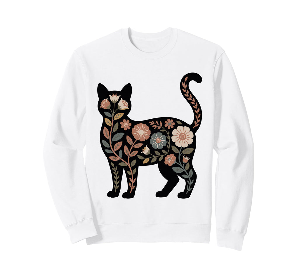 Boho Floral Cat Silhouette Sweatshirt - Fun Novelty Design Unisex - T-Shirt, Sweatshirt, Hoodie