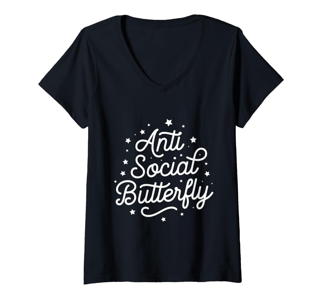 Womens Anti Social Butterfly V Neck T-Shirt - Casual Everyday Wear Unisex - T-Shirt, Sweatshirt, Hoodie