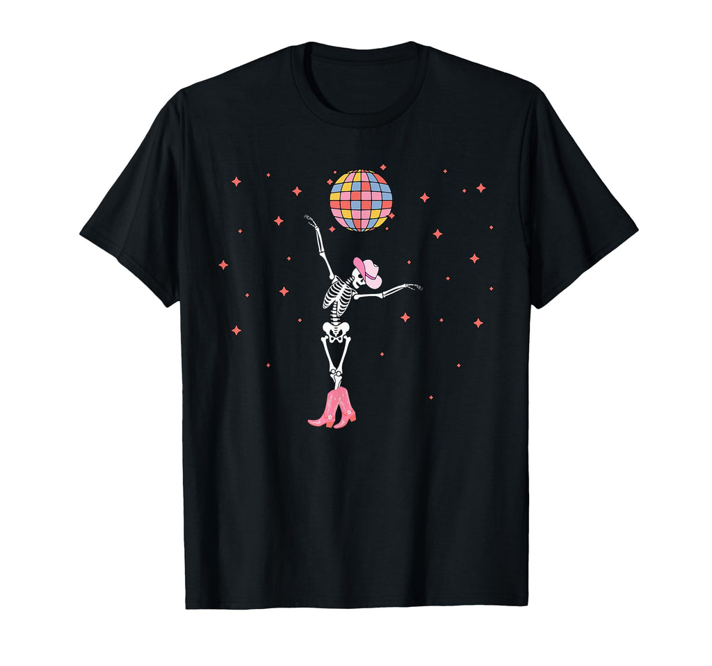 Disco Ball Dancing Skeleton Cowgirl T-Shirt - Minimalist Print Unisex - T-Shirt, Sweatshirt, Hoodie
