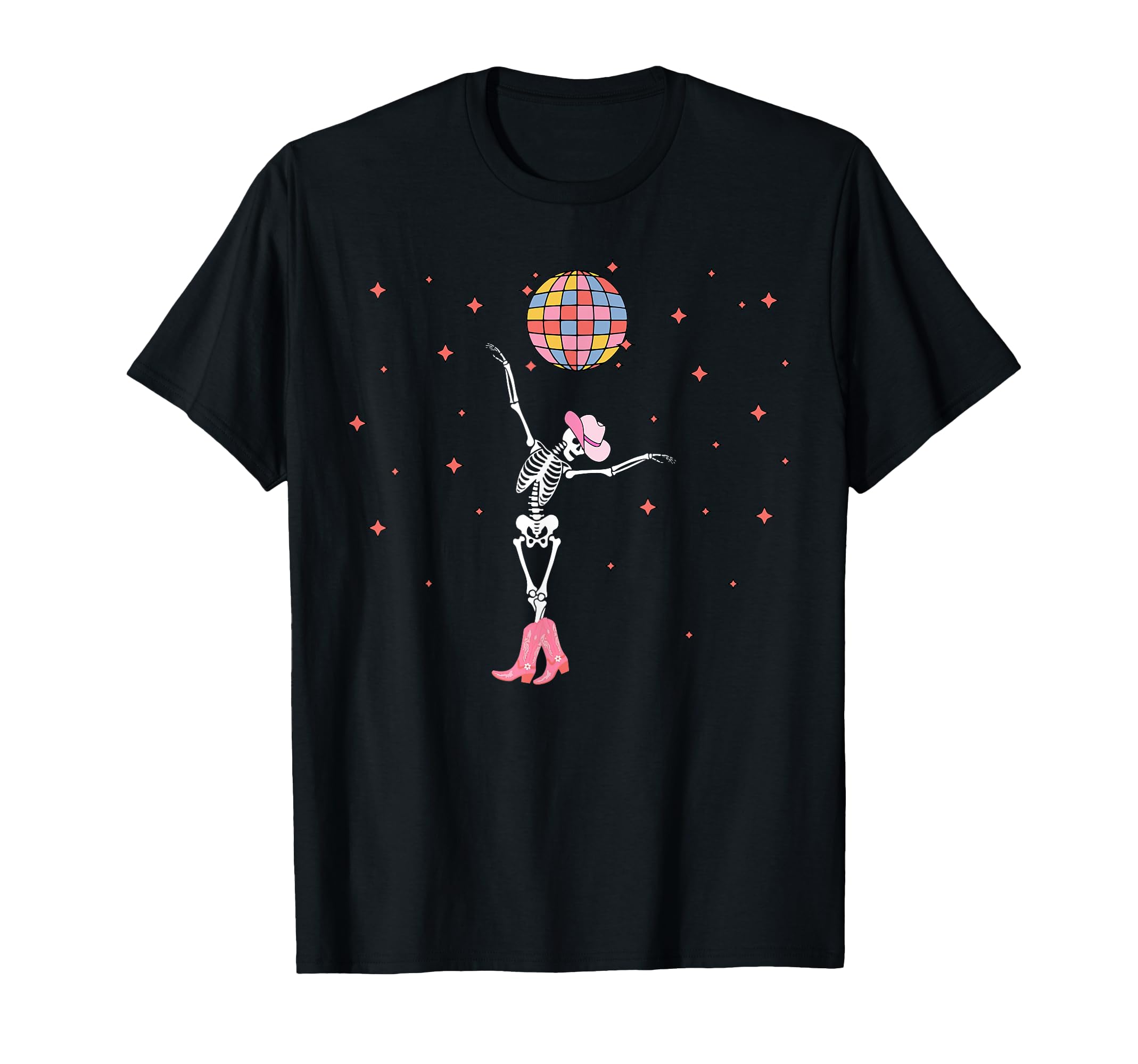 Disco Ball Dancing Skeleton Cowgirl T-Shirt - Minimalist Print Unisex - T-Shirt, Sweatshirt, Hoodie