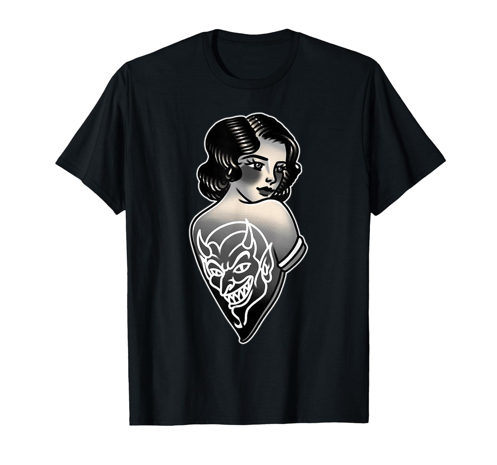 Lady Devil Blackwork Traditional T-Shirt - Casual Everyday Wear for Adults - T-Shirt, Sweatshirt, Hoodie
