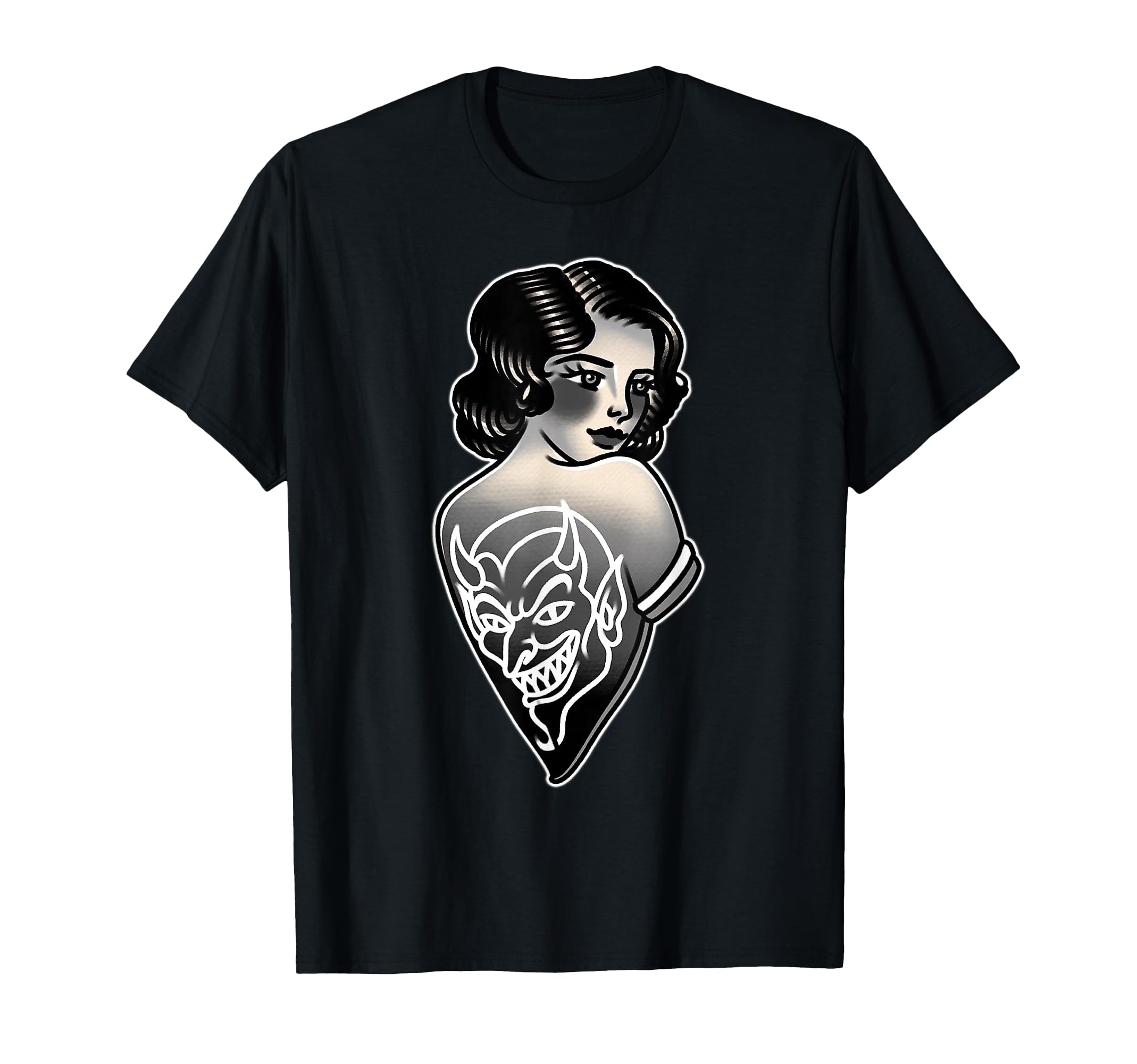 Lady Devil Blackwork Traditional T-Shirt - Casual Everyday Wear for Adults - T-Shirt, Sweatshirt, Hoodie