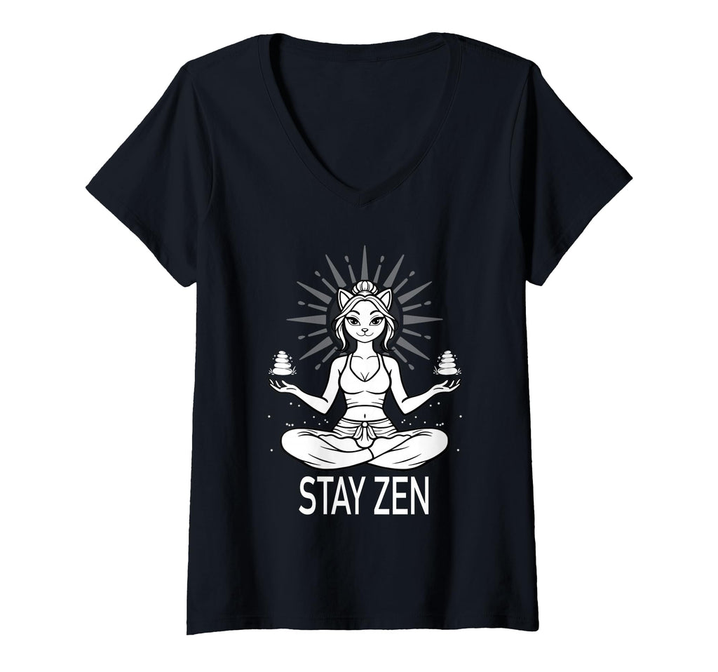 Womens Stay Zen Cat Meditation Calm Yoga T-Shirt - Unique Graphic Unisex - T-Shirt, Sweatshirt, Hoodie