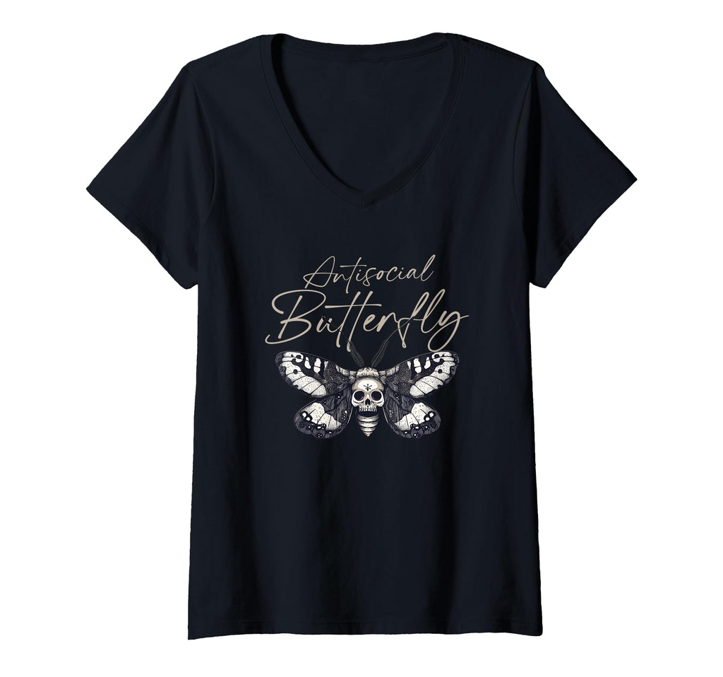 Womens Antisocial Butterfly V Neck T-Shirt - Minimalist Print Unisex - T-Shirt, Sweatshirt, Hoodie