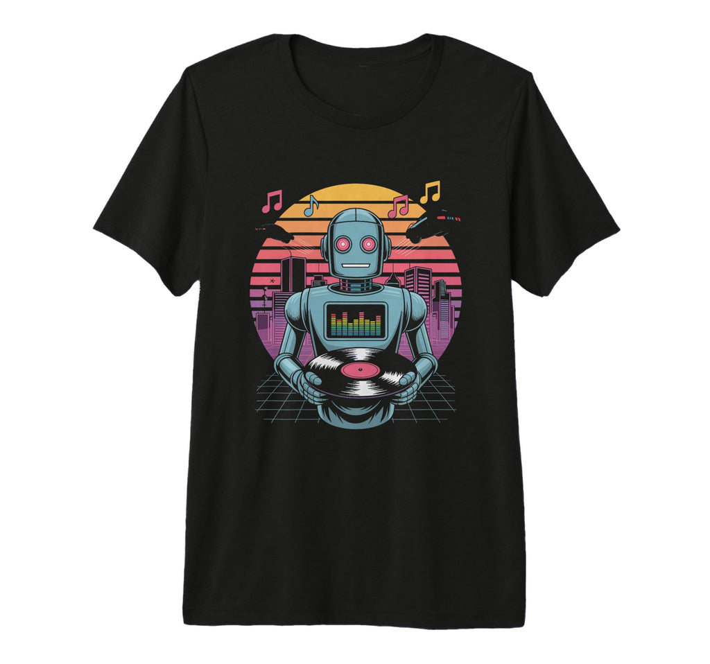 Robot Dj Vinyl City Skyline Music T-Shirt - Casual Everyday Wear Unisex - T-Shirt, Sweatshirt, Hoodie