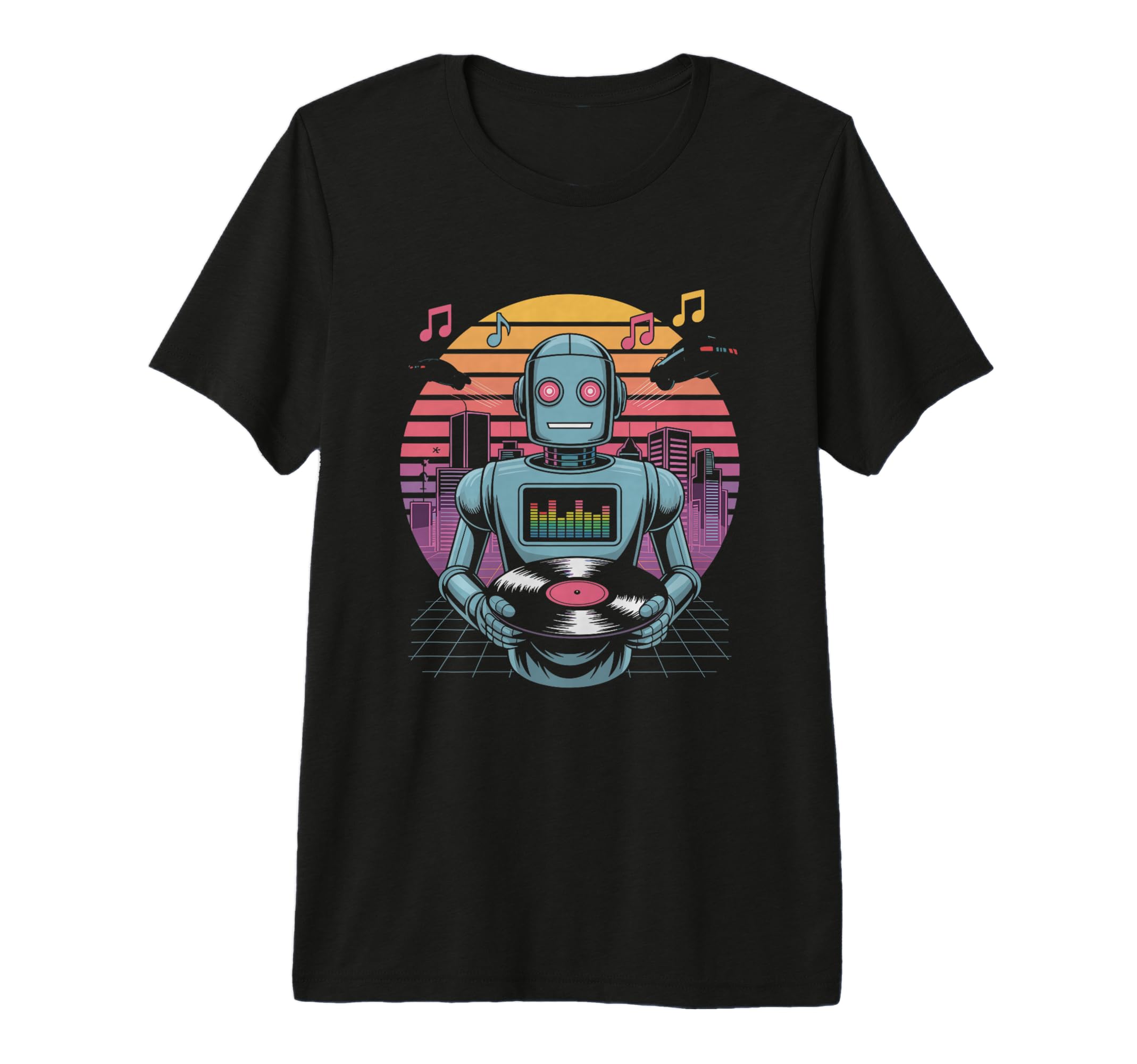 Robot Dj Vinyl City Skyline Music T-Shirt - Casual Everyday Wear Unisex - T-Shirt, Sweatshirt, Hoodie