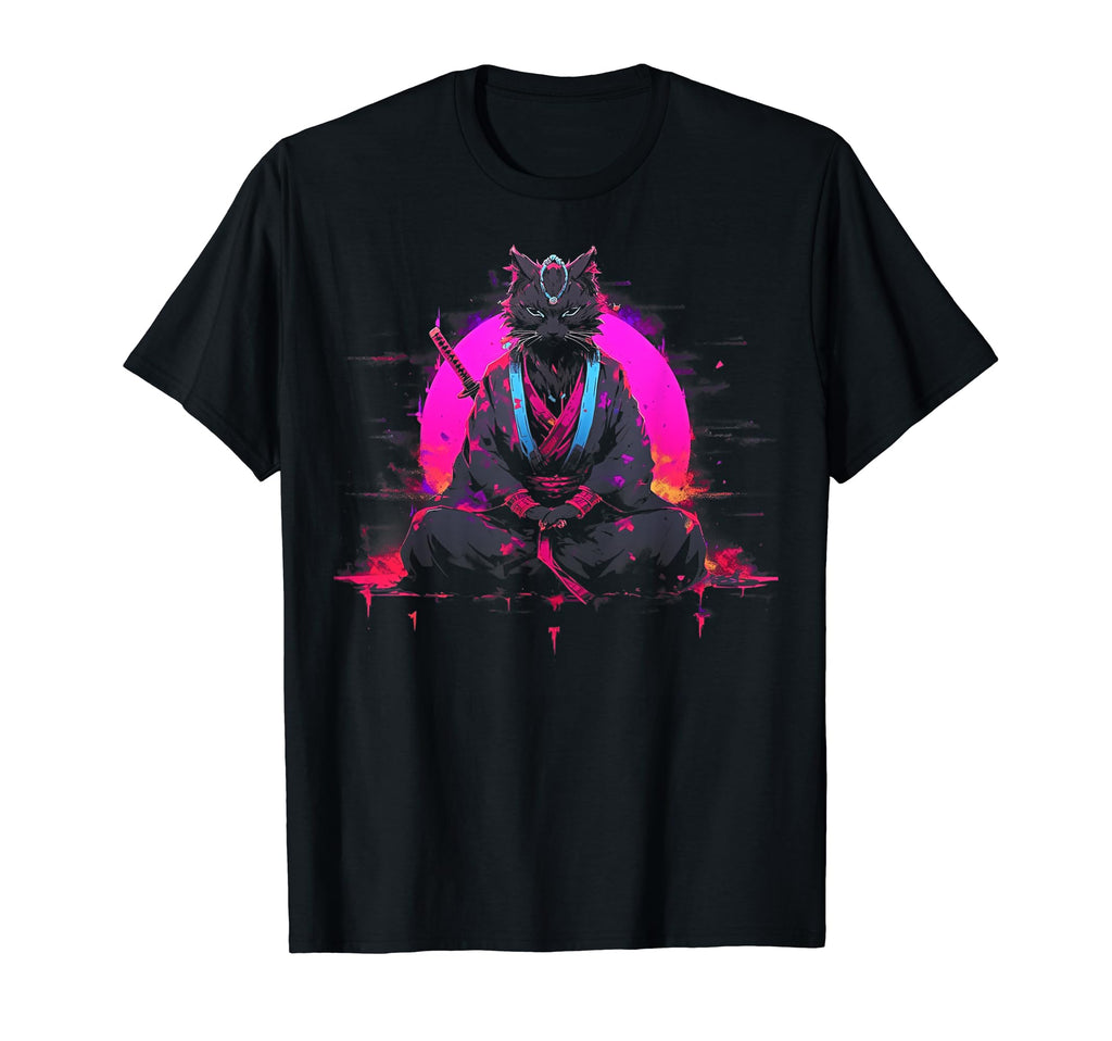 Synthwave Cat Samurai Mediation T-Shirt - Custom Art Print Unisex - T-Shirt, Sweatshirt, Hoodie