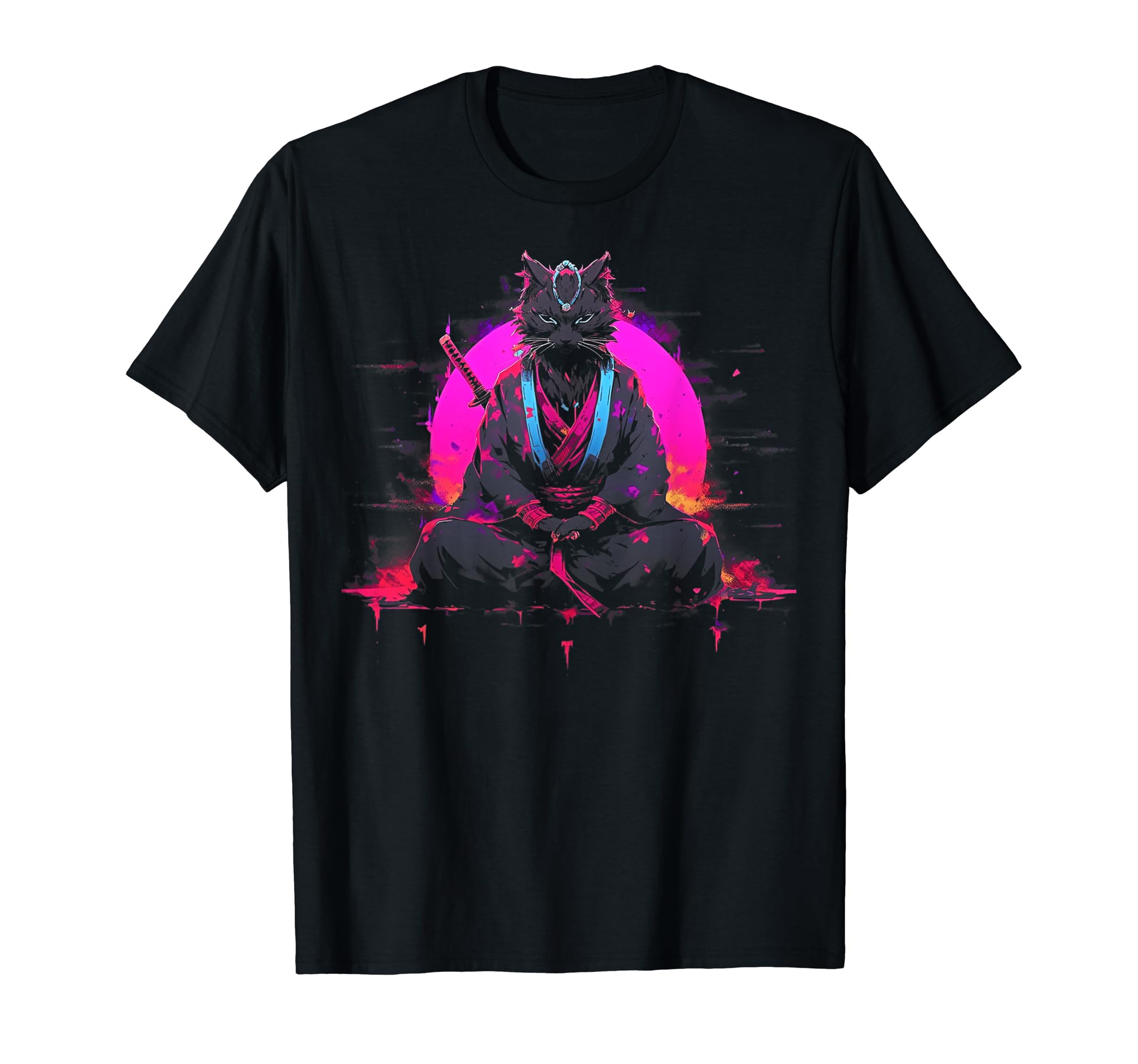 Synthwave Cat Samurai Mediation T-Shirt - Custom Art Print Unisex - T-Shirt, Sweatshirt, Hoodie