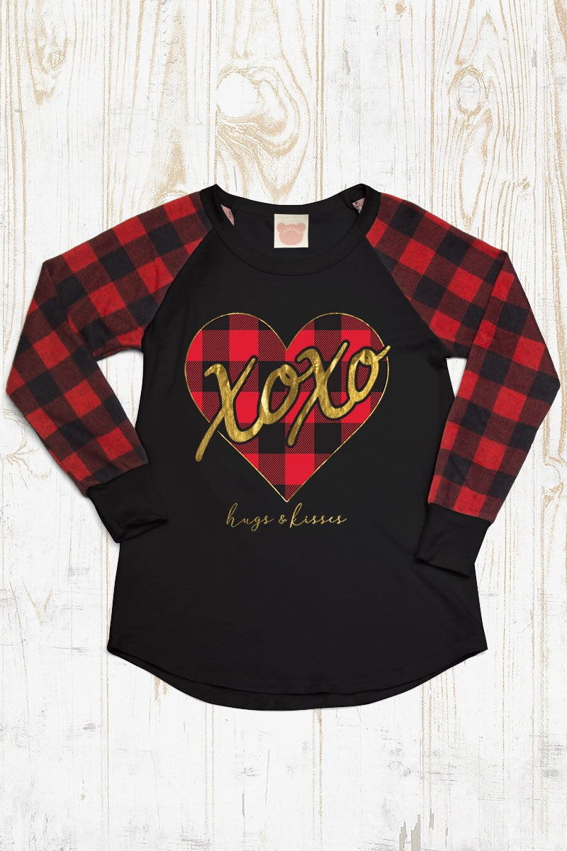 XOXO Valentines Day Buffalo Plaid Sleeve Raglan - Adult & Kids T-Shirts, Sweatshirts & Hoodies apparel design preview 1