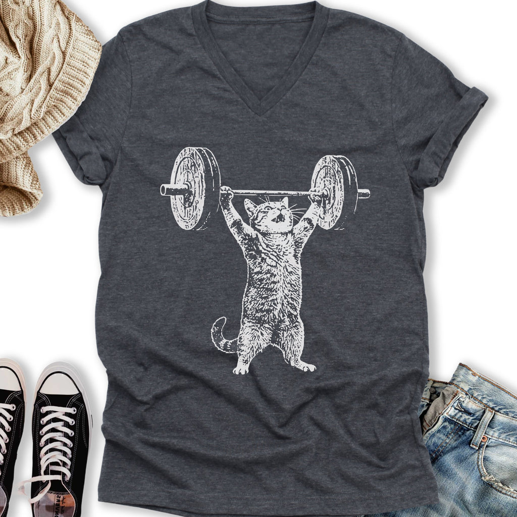 Weight Lifter Cat V-Neck - Adult & Kids T-Shirts, Sweatshirts & Hoodies apparel design preview 2