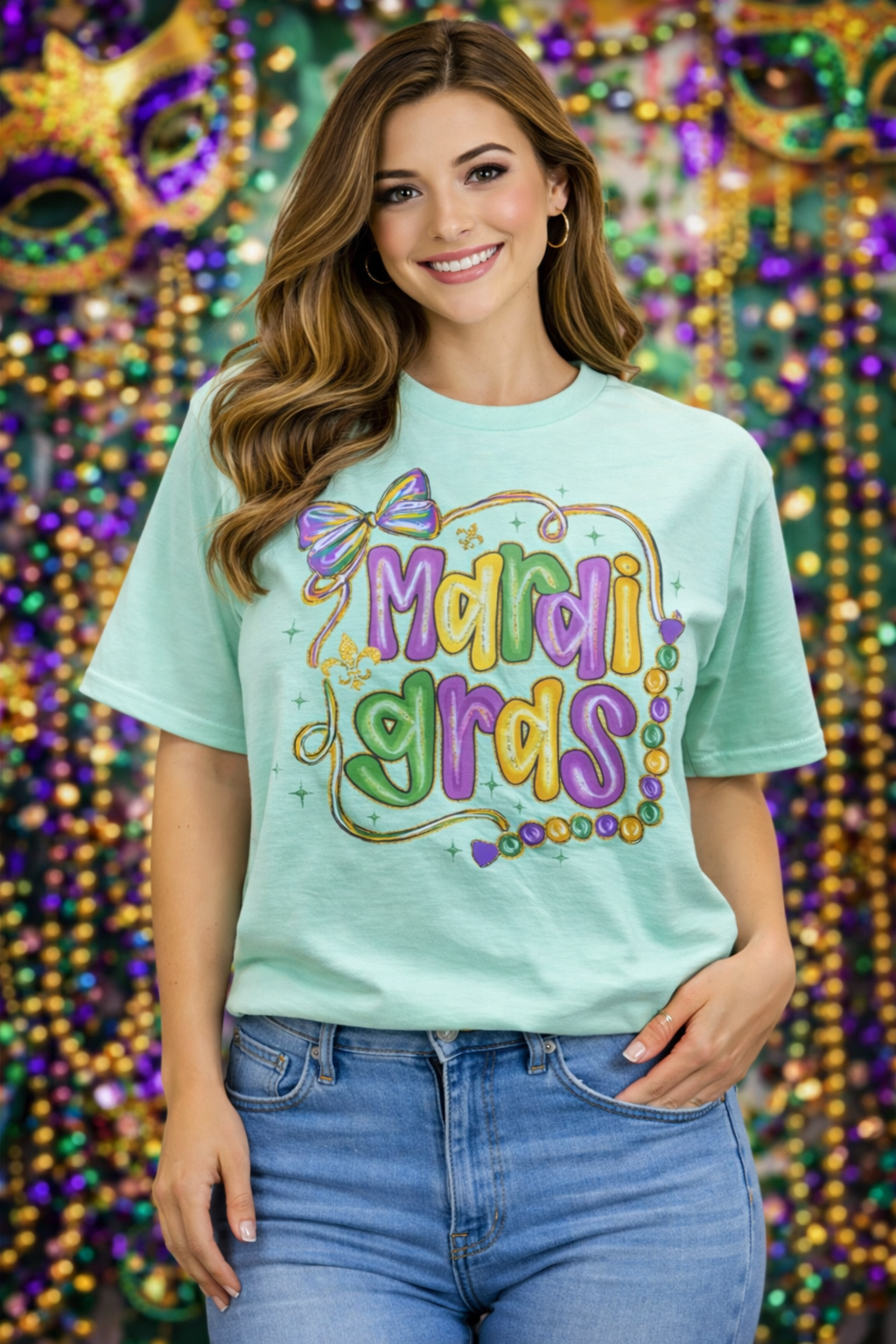 Southern Chics Mardi Gras Bow Beads Canvas - Adult & Kids T-Shirts, Sweatshirts & Hoodies apparel design preview 1