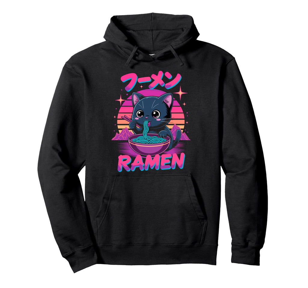 Synthwave Cat Ramen Anime Noodle Hoodie - Custom Art Print Men Women - T-Shirt, Sweatshirt, Hoodie
