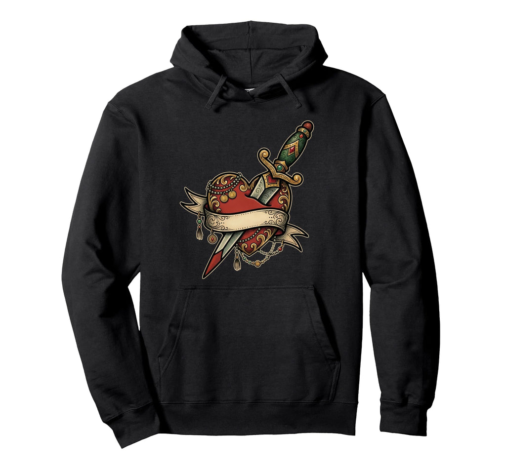 Heart Tattoo Traditional Dagger Hoodie - Casual Everyday Wear Unisex - T-Shirt, Sweatshirt, Hoodie