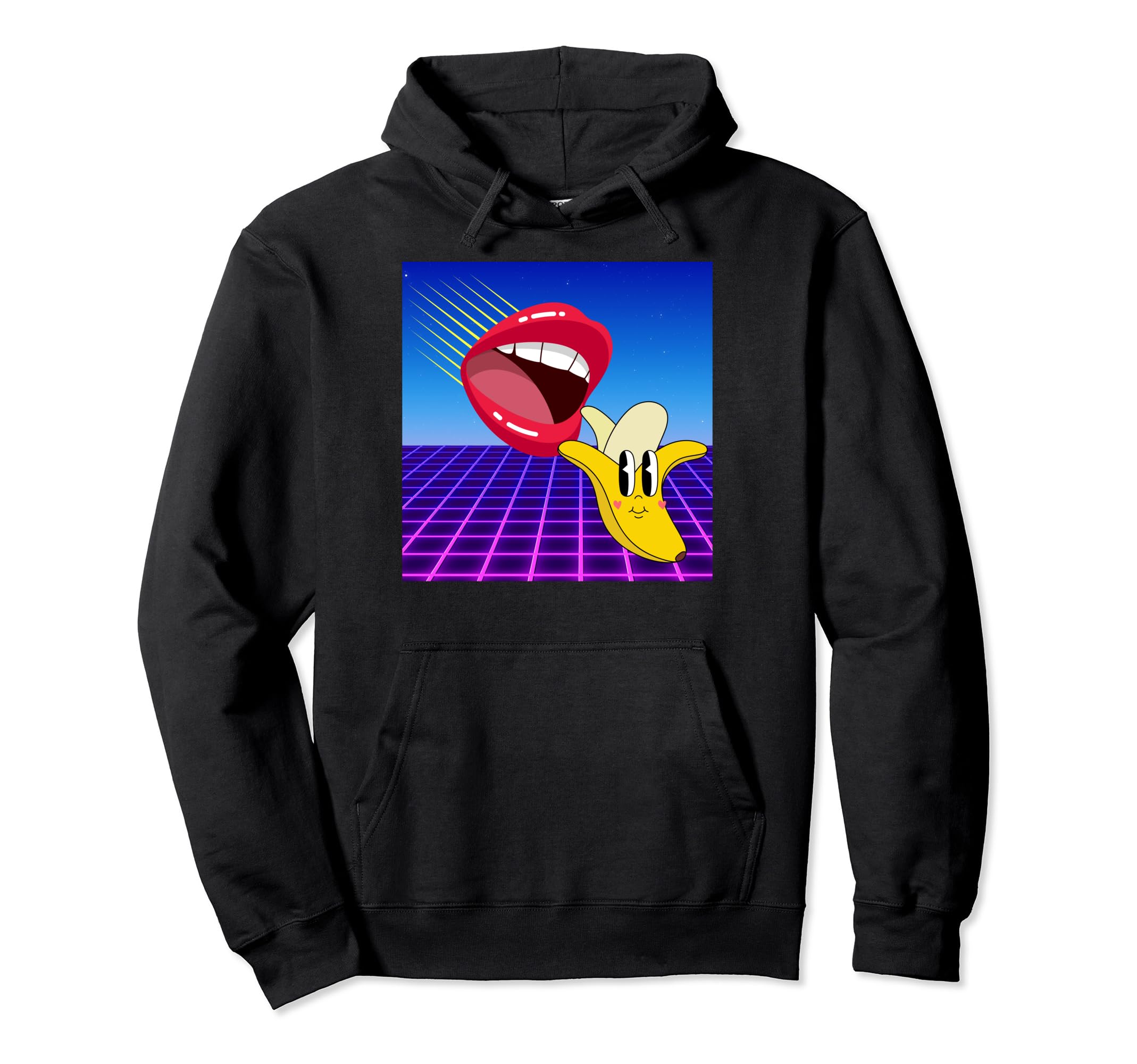 Flying Mouth Banana Synthwave Grid Hoodie - Fun Novelty Design for Adults - T-Shirt, Sweatshirt, Hoodie