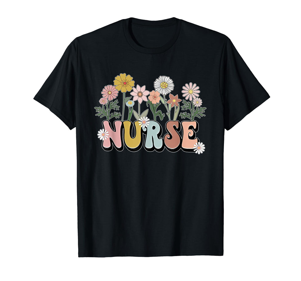 Groovy Nurse Typography Wild Flowers T-Shirt - Unique Graphic Men Women - T-Shirt, Sweatshirt, Hoodie