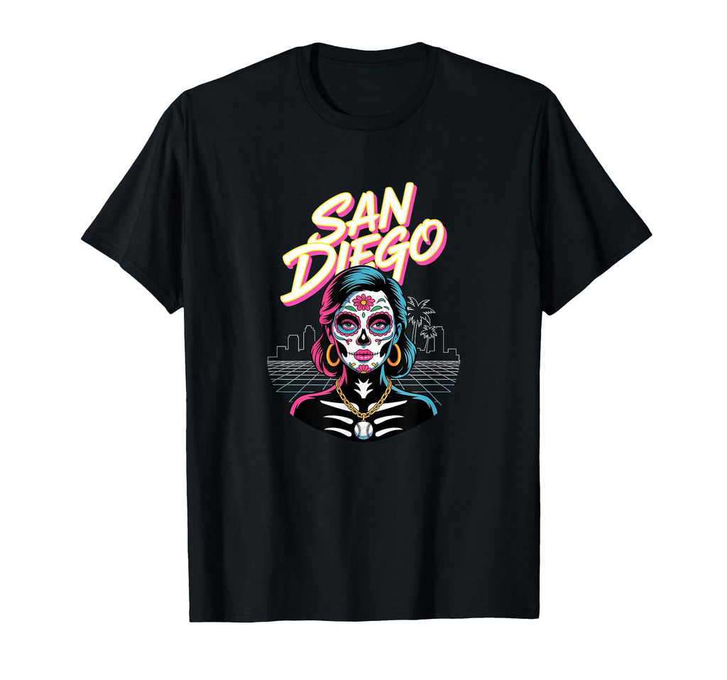 San Diego Sugar Skull Synthwave Baseball T-Shirt - Streetwear Style Unisex - T-Shirt, Sweatshirt, Hoodie