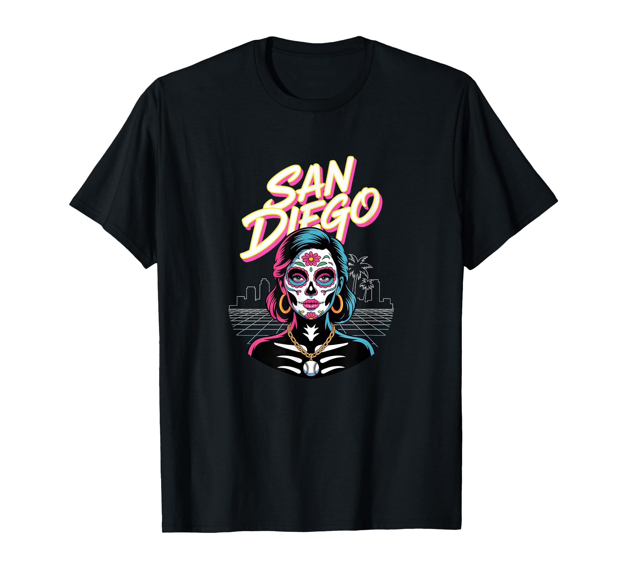 San Diego Sugar Skull Synthwave Baseball T-Shirt - Streetwear Style Unisex - T-Shirt, Sweatshirt, Hoodie