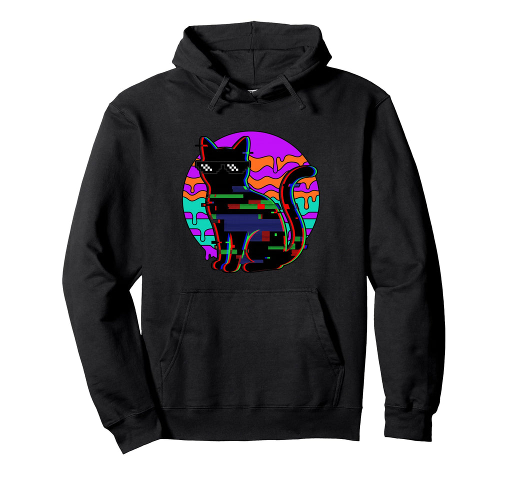 Vaporwave Black Cat Pixel Sunglasses Hoodie - Novelty Apparel for Adults - T-Shirt, Sweatshirt, Hoodie