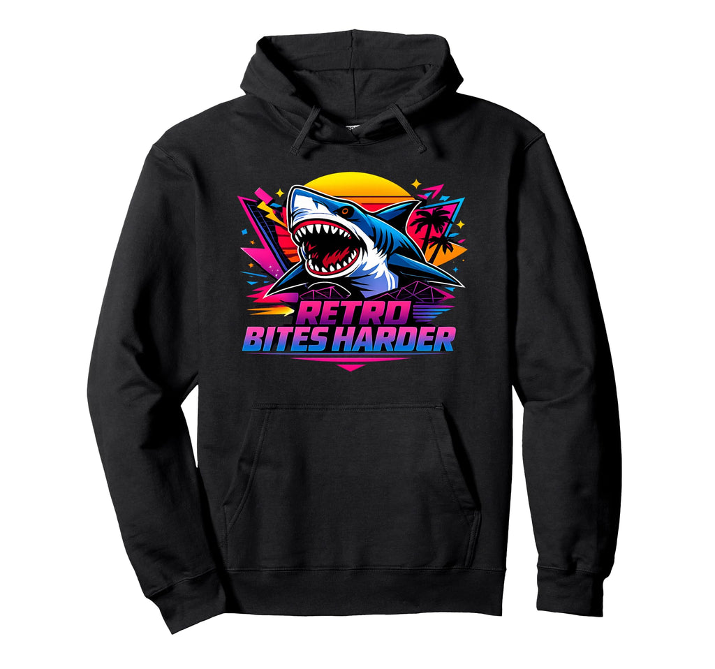 Bites Harder 80S Shark Synthwave Arcade Hoodie - Aesthetic Graphic Unisex - T-Shirt, Sweatshirt, Hoodie