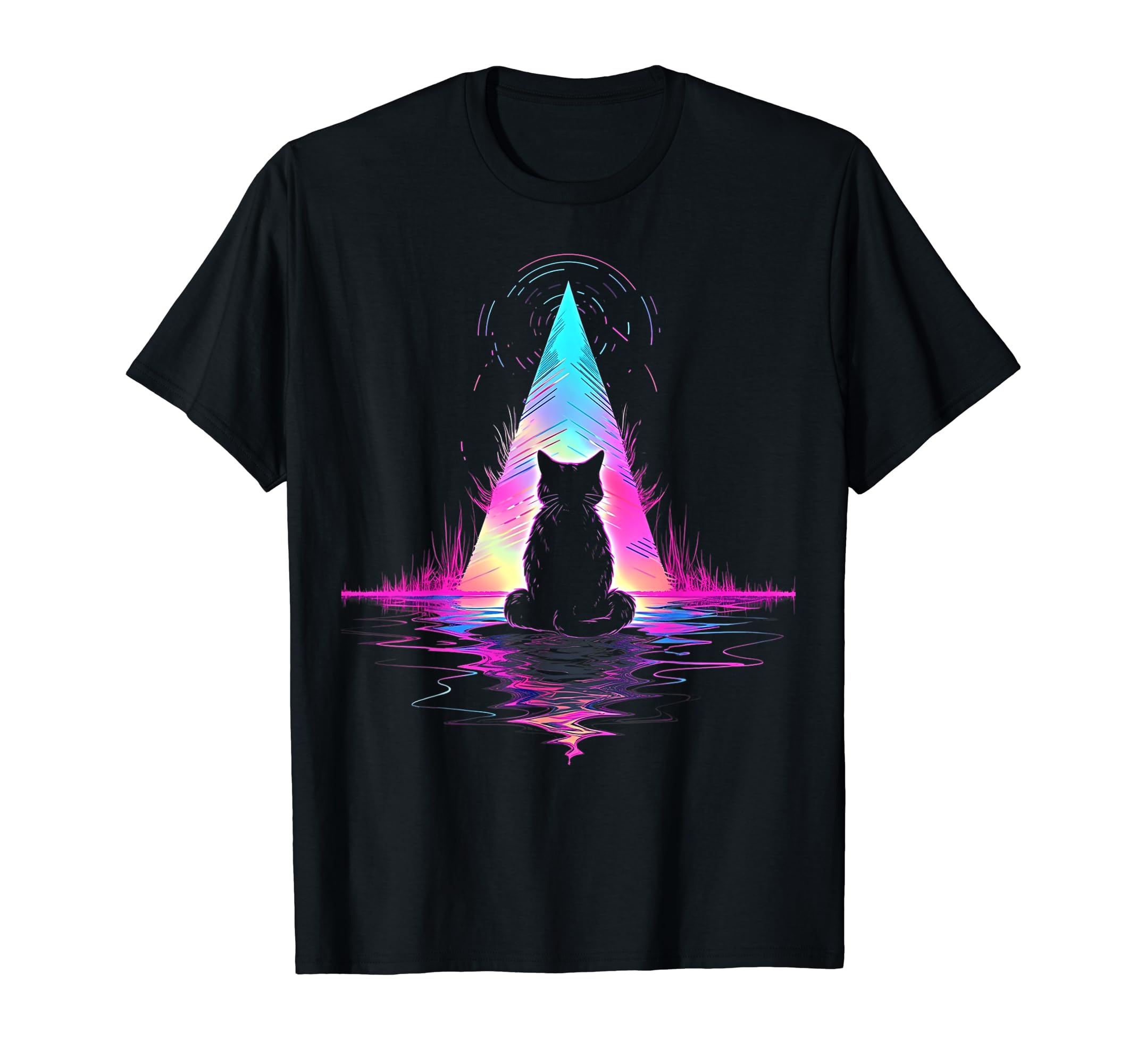 Synthwave Cat Samurai Mediation T-Shirt - Casual Everyday Wear Unisex - T-Shirt, Sweatshirt, Hoodie