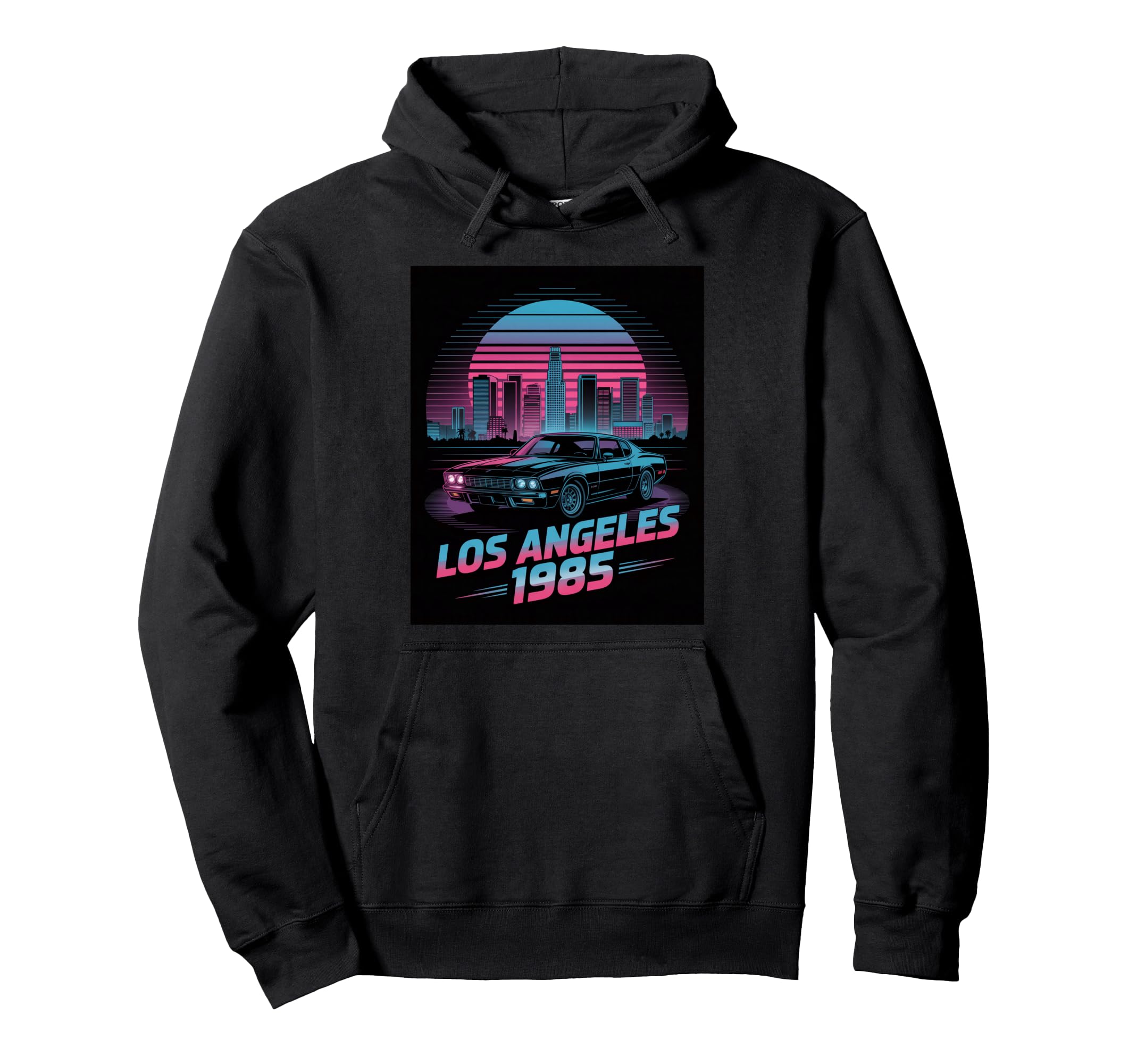 Synthwave Muscle Car Los Angeles 1985 City Hoodie - Trendy Graphic Unisex - T-Shirt, Sweatshirt, Hoodie