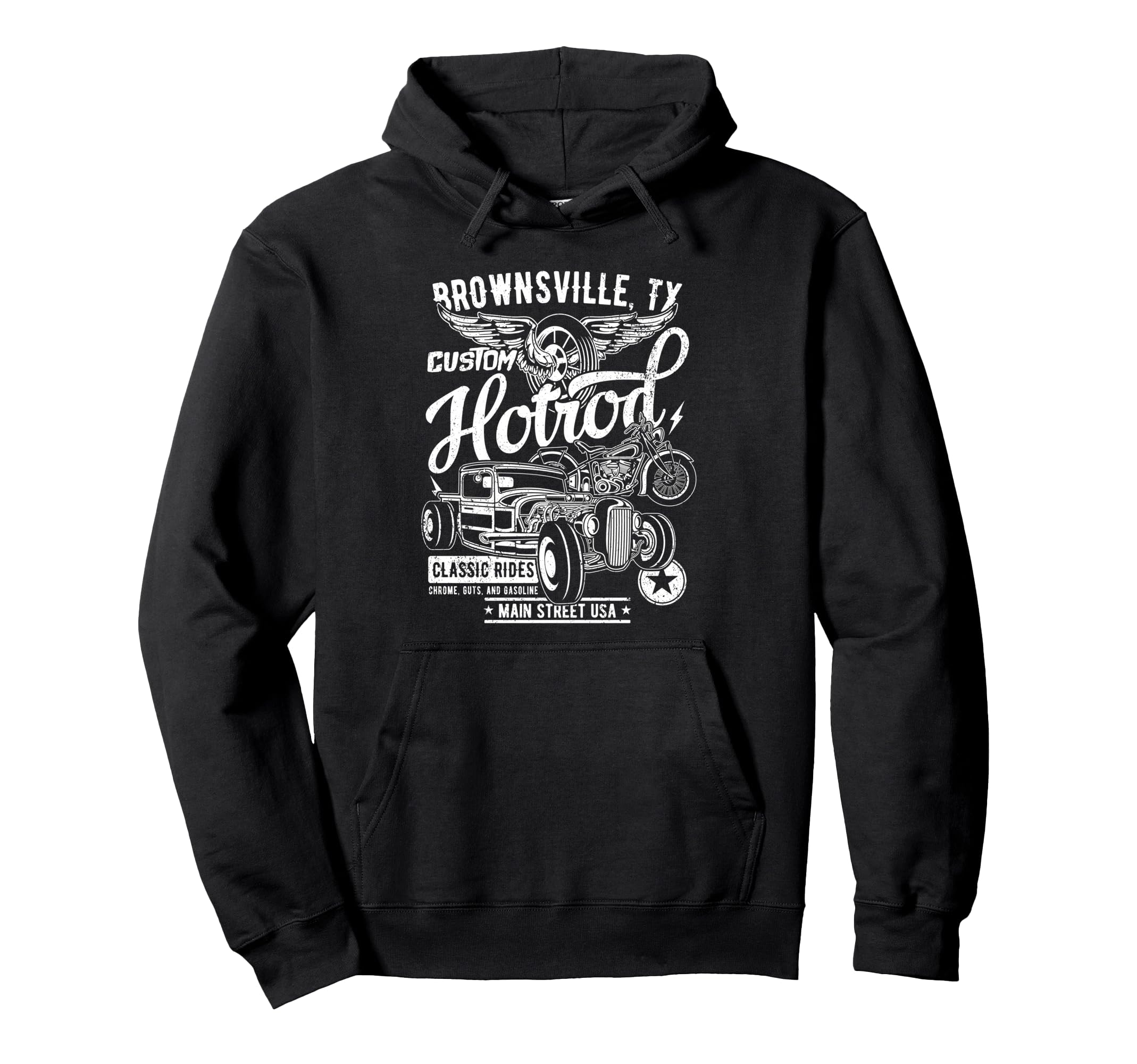 Brownsville Tx Hotrod Car Motorcycle Hoodie - Custom Art Print for Adults - T-Shirt, Sweatshirt, Hoodie