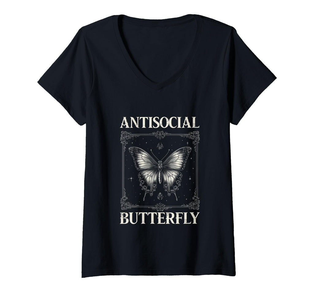 Womens Antisocial Butterfly V Neck T-Shirt - Graphic Print Men Women - T-Shirt, Sweatshirt, Hoodie